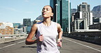 Bridge, city and fitness and woman runner outdoor for cardio, challenge or marathon training. Exercise, running club and workout with athlete on urban street for health, improvement or performance