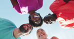 Circle, fitness and group of people outdoor for running, workout or bonding together by blue sky. Happy, sports and team of athletes laughing for cardio exercise, health or training from below.