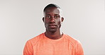 Serious face, exercise and black man in studio, health and confidence on white background. Space, athlete and African person with wellness, workout and challenge with training, pride and fitness