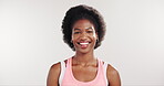 Fitness, face and woman with smile in studio for workout confidence, exercise break or progress. Mockup space, black person or happy on white background for personal trainer, wellness and development
