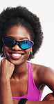 Face, fitness and black woman in studio, sunglasses and happiness on white background. African person, shades and athlete with futuristic eyewear, exercise and training with smile, sports and healthy