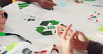 Business people, hands and recycling with documents for climate change or waste management. Group, employees or team meeting with discussion for global warming awareness, project or clean energy