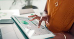 Tablet, hands and businesswoman in office with research for finance statistics, data or charts. Digital technology, scrolling and female financial advisor working on company investment proposal.