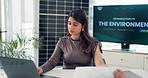 Woman, typing and laptop in office with documents for sustainability report, esg policy info or review. Person, computer and paperwork for environmental compliance audit, risk management or research.