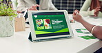 Business, people and meeting with tablet screen in office for awareness on environment importance. Team, digital and website for sustainability, eco friendly guide and information on renewable energy