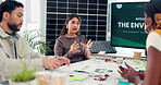 Sustainability, presentation and speaker in office with screen, eco friendly strategy or pitch for green project. Team, graph or people in agency with tech, recycle plan or goal for carbon footprint.