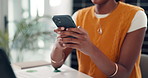 Woman, hands and typing with phone for business schedule, social media or communication in office. Female person, user or scrolling with mobile smartphone or app for online chatting or texting