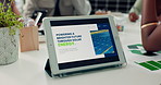 Office, meeting and tablet with screen for eco friendly project, solar power and presentation. Startup, team and business people on tech for environmental change, renewable energy and sustainability