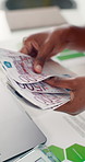 Woman, hands and counting cash with euro bills for finance, money or budget planning in office. Accounting, business person or employee with financial expenses or laptop for audit or project funding