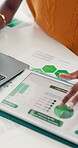 Tablet screen, data analysis and hands of business woman in office for budget chart, research or account review. Portfolio graph, risk assessment and planning with employee in agency for stats report