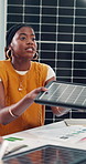 Prototype, solar panel and sustainability with business woman in office for product proposal. Meeting, pitch and renewable energy with person speaking in workplace for photovoltaic power supply