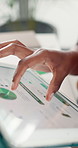 Hands, tablet screen and graphs at office with scroll, review or insight with stats for climate consulting. Person, tech and click with application, graphs and info on sustainability report at agency