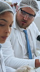 Scientist, medical team and research with documents for clinical trial, study or assessment in lab. Man, woman or people with paperwork or microscope for forensic analysis, report or exam results