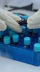 Blood samples, science and hands of scientist in laboratory with medical research, project or study. RNA, test tubes and biologist with DNA results for healthcare analysis, innovation or discovery.