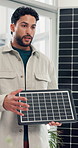 Solar panel, businessman and presentation in meeting for sustainable, clean energy or idea. Renewable power, startup pitch and person with photovoltaic prototype in office for eco friendly innovation