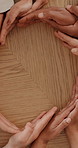 Hands, business and people with circle on table for teamwork, agreement and partnership. Above, staff and huddle with collaboration for solidarity, employees connection and effort for company goals
