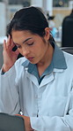 Woman, scientist and headache with stress on laptop for mistake, strain or pressure in laboratory. Frustrated, female person or medical worker with migraine, anxiety or burnout for poor research