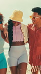 Happy, walking and friends on beach for summer vacation, holiday and weekend outdoor. Travel, social hangout and people embrace for bonding, relax and talking to enjoy adventure together by ocean
