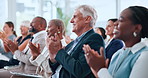 Mature man, applause and audience at conference, happy or profit announcement at corporate event. Business people, crowd and clapping for success, goals and celebration for achievement at convention