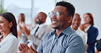 Business man, applause and smile in seminar for introduction, award and discussion at global convention. Clapping hands, celebration and agreement or presentation at conference for b2b thank you