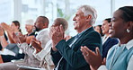 Mature man, applause and audience at convention, happy or profit announcement at corporate event. Business people, team and smile for clapping hands, goal or celebration for achievement at conference