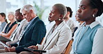 Attention, crowd and tablet with business woman in convention center for development workshop. App, conference and education with employee group in auditorium audience for professional tradeshow