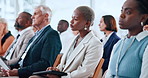 Audience, conference and tablet with business woman in convention center for development workshop. App, attention and education with employee group in crowd of auditorium for professional tradeshow