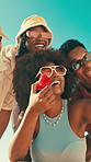 Woman, friends and selfie with sunglasses, summer or excited with low angle, vacation and outdoor. People, group and smile with photography, watermelon or peace sign for social media post on holiday
