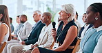 Audience, woman or question with mic in business conference for startup advice, feedback or plan. Mature person, talk or crowd at trade show for knowledge, company development or professional insight