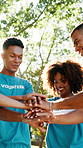 Volunteer, park and hands of people with applause for charity event, community service and teamwork. Flare, stack and men and women for collaboration, support and solidarity for outreach program