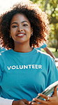 Volunteer, tablet and face of woman in park for outreach program, charity event and community service. Portrait, nature and person on digital tech for ngo website, nonprofit and donation info outdoor