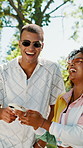 Happy, laughing and couple with phone in park for social media, funny message and connection outdoor. Dating, walking and people on smartphone in conversation for internet joke, website and online