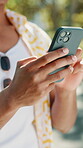 Hands, man and browsing with phone at park for social media post, internet news or text message. Person, smartphone and scrolling in nature for website research, app download and reading online blog