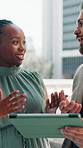 Planning, property development and tablet with business people in city for discussion or meeting. App, conversation or feedback with client and developer downtown for commercial real estate sale
