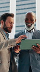 City, real estate development and tablet with business people outdoor for discussion or meeting. App, conversation or planning with happy client and developer downtown for commercial property sale