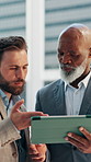City, property development and tablet with business people outdoor together for discussion or meeting. App, conversation or question with client and developer downtown for commercial real estate sale