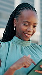 City, property development and tablet with business black woman outdoor for location planning or research. App, buildings and scrolling with real estate developer in urban town for architecture