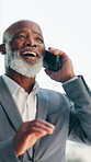 Mature businessman, phone call and walk in city with low angle, smile or contact for property deal. African person, smartphone and happy for talk, update and excited for real estate investing in town