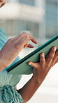Hands, scroll and tablet in city, travel and search for location, property or contact for real estate deal. Person, realtor and tech with click, app and networking for investment in urban development