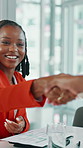 Meeting, shaking hands and business people in office with deal, agreement or finance negotiation. Applause, discussion and financial advisor with client for handshake with investment collaboration.