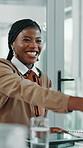Business, handshake and applause with black woman for celebration, congratulations or success. Excited, shaking hands and person clapping in office for achievement, deal agreement and promotion offer