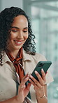 Phone, happy and businesswoman in office with communication, networking or email on mobile app. Technology, contact and female magazine editor with cellphone for research, social media or texting.