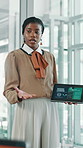 Business, woman and presentation with tablet screen in office for machine learning with ai innovation. Speaker, digital and meeting pitch with automation process, data science and intelligent systems