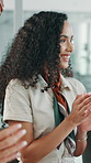 Happy woman, people or applause in office with success, international award or prize for design project. Team, clap or celebration in meeting for winner announcement, business achievement or victory.