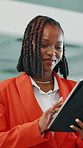 Tablet, business and black woman walk in office for feedback, review email or insurance policy. Technology, smile and broker in workplace for online communication, scroll report and coverage update