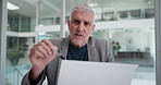 Face, businessman and video call in office for document, conversation POV and feedback. Mature person, investor and explanation in workplace for virtual seminar, online meeting and communication
