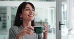 Businesswoman, smell or drinking coffee in office with smile, laptop and financial management career. Happy, mature person and satisfaction with hot beverage, computer and ideas for finance planning.