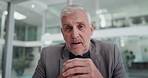 Face, businessman and video call in office for proposal, conversation POV and feedback. Mature person, investor and explanation in workplace for virtual seminar, online meeting and communication