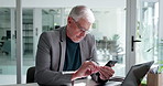 Business, cellphone and man in office, internet and online chatting with financial agency. Mature person investor and employee in workplace, communication and smartphone with connection and contact