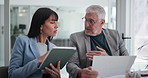 Business, team or tablet in meeting with documents for collaboration, project management or planning. Mature people, paperwork and tech in office for communication, research info and problem solving.